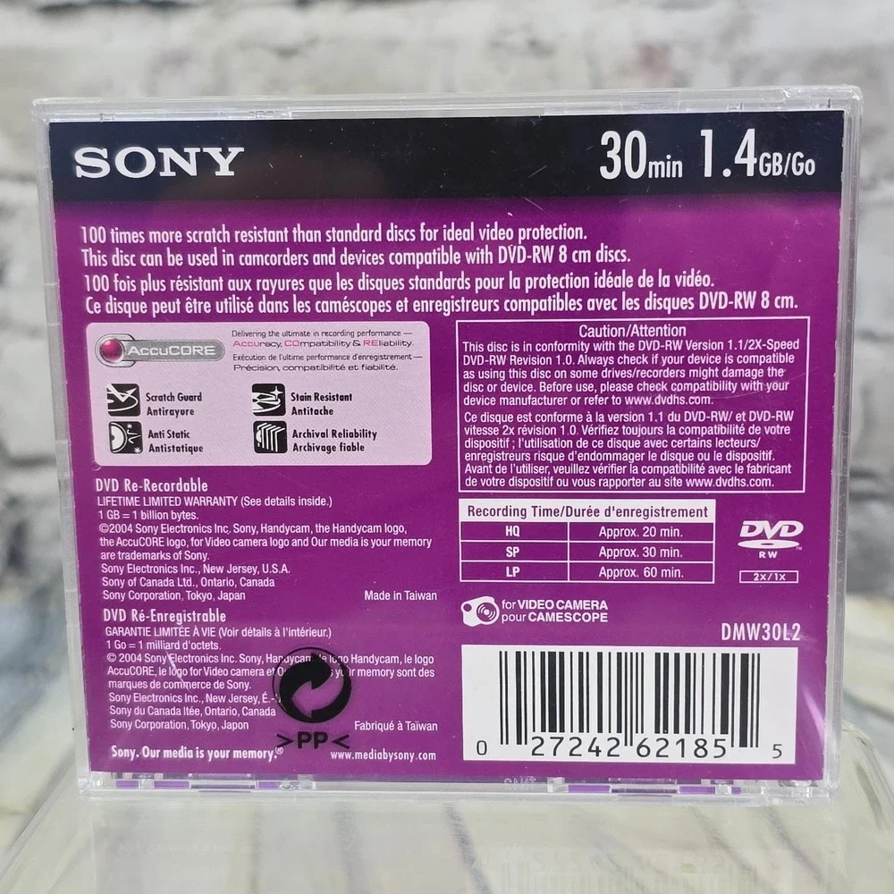 Sony Handycam DVD-RW 30min 1.4GB 8cm Blank Discs 3-Pack DMW30L2 Purple AccuCORE